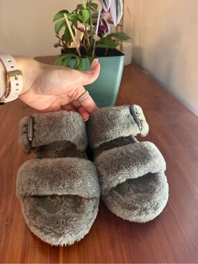 UGG Faux Shearling Double-Strap Slide Sandals - Gray